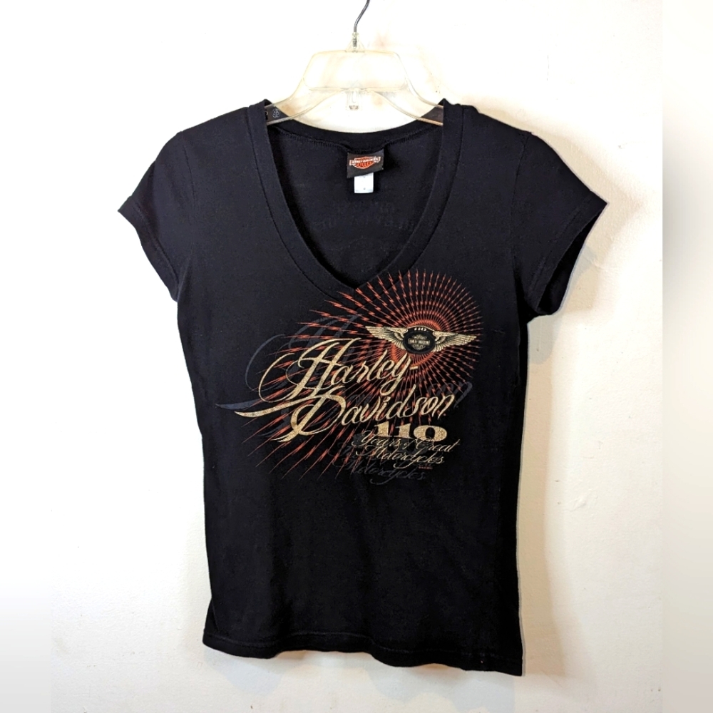 Harley Davidson Motorcycle 110th Anniversary Short Sleeve T Shirt Womens Black M